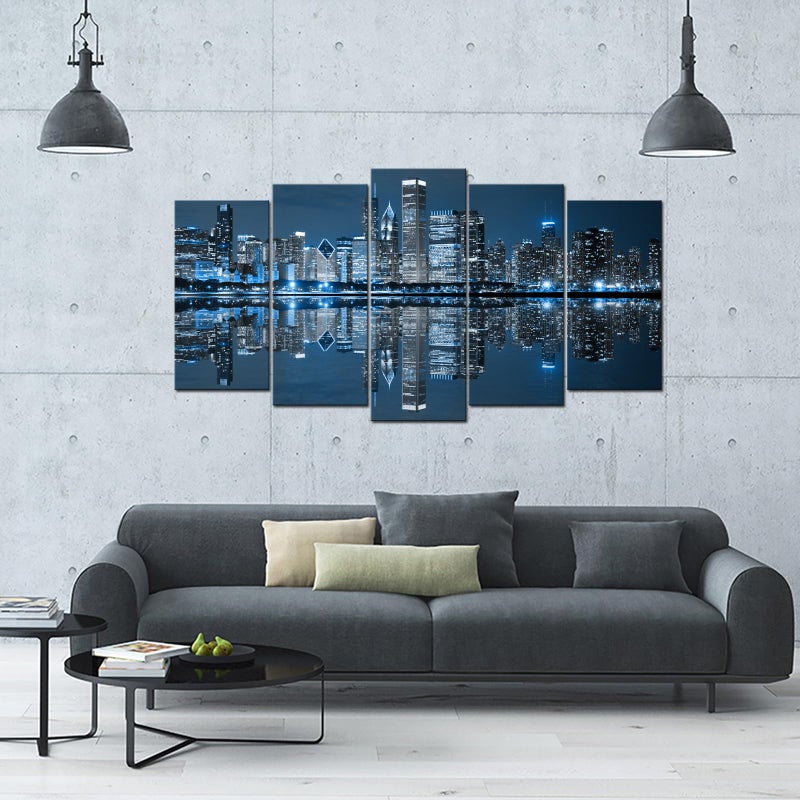 LevvArts Chicago Canvas Wall Art Chicago Skyline Picture Painting Blue City Night Decoration for Office Living Room (Large) - Image 3